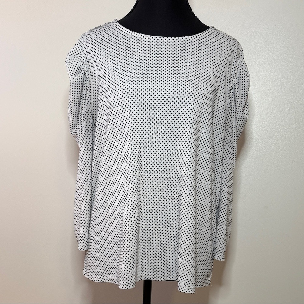 Adrianna Papell Womens Black White Polka Dot‎ Puff Sleeve Blouse Top M
